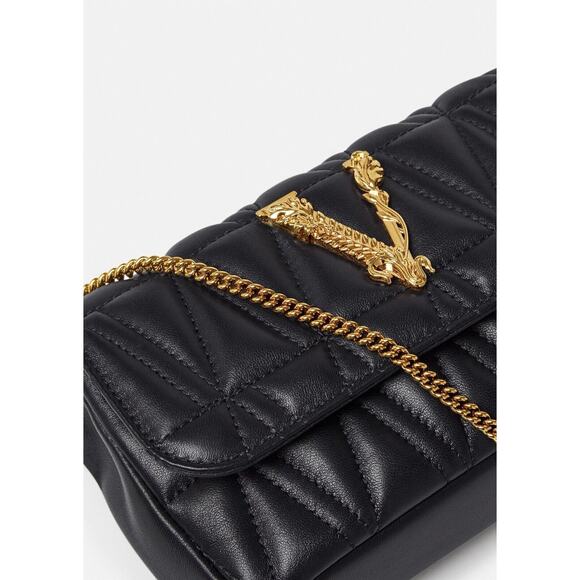 NWT Versace Virtus Mini Black Quilted Leather Crossbody Bag with Gold Chain - Picture 3 of 15